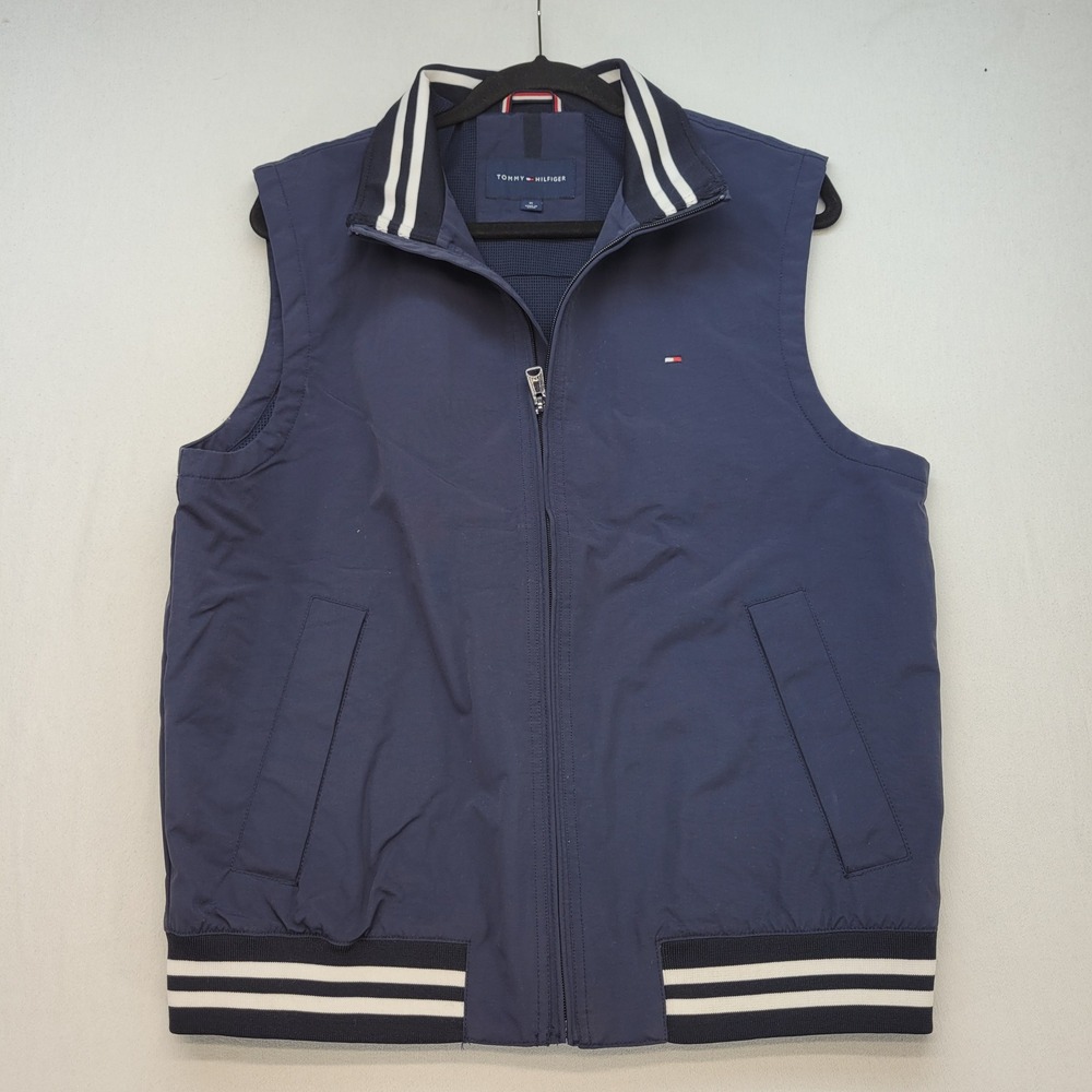 Tommy Hilfiger Vest Mens Medium Navy Blue Preppy Striped Trim Full Zip Nylon